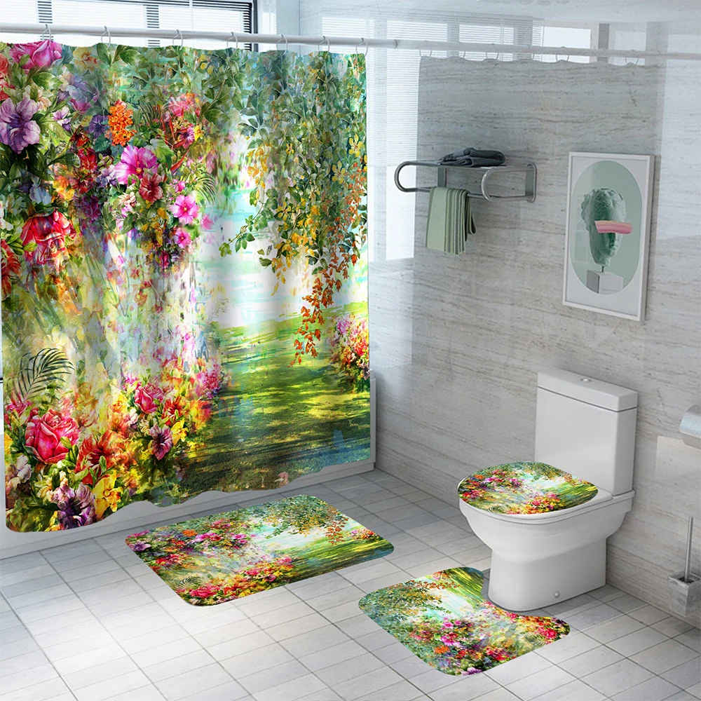 Oil Painting Flowers Waterproof Polyester Shower Curtain Set Anti-slip Soft Bath Carpet Mat Lid Toilet Cover Bathroom Set Decor