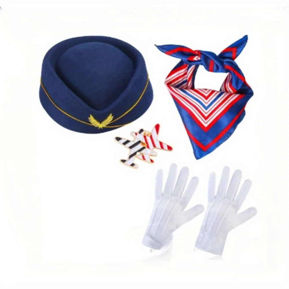 Conjunto de vestir para comissário de bordo de festa com acessórios, incluindo chapéus, óculos de sol, luvas, emblemas para fantasia de festa