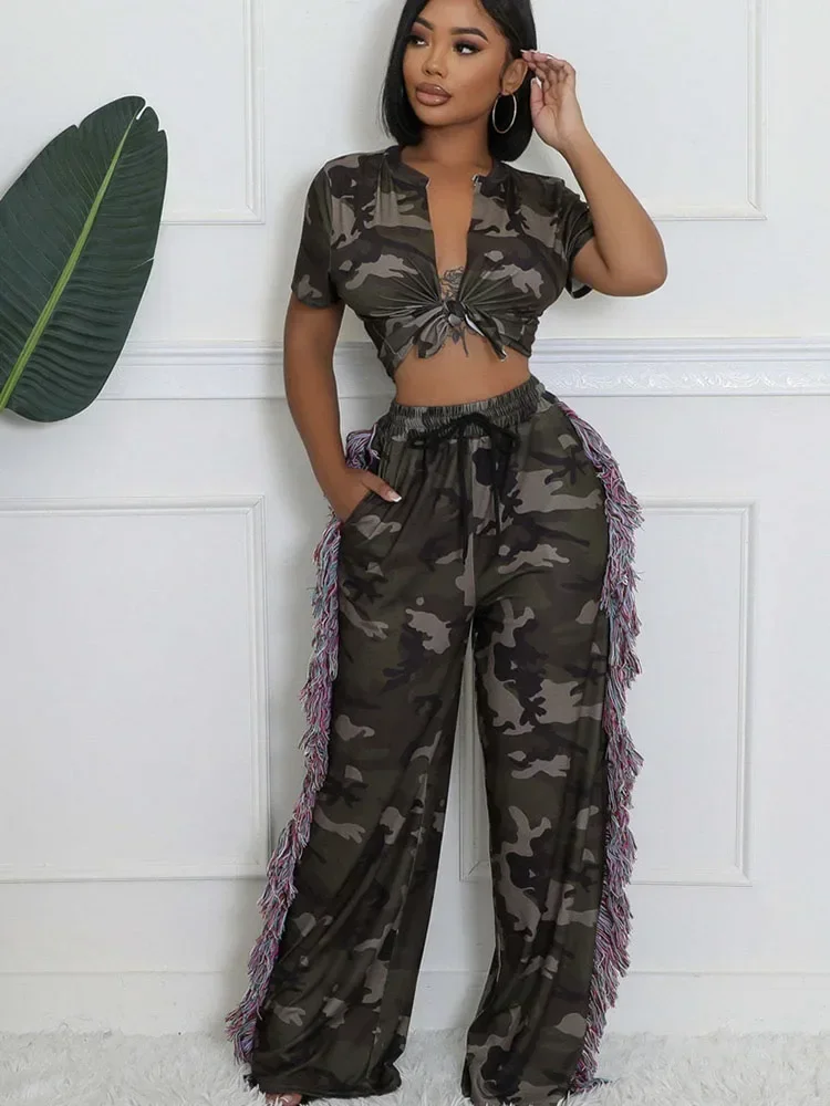 Camouflage Printed 2 Piece Sets Women Outfit 2024 Streetwear Lace-up Crop Top and Side Tassel Wide Leg Pants Matching Sets