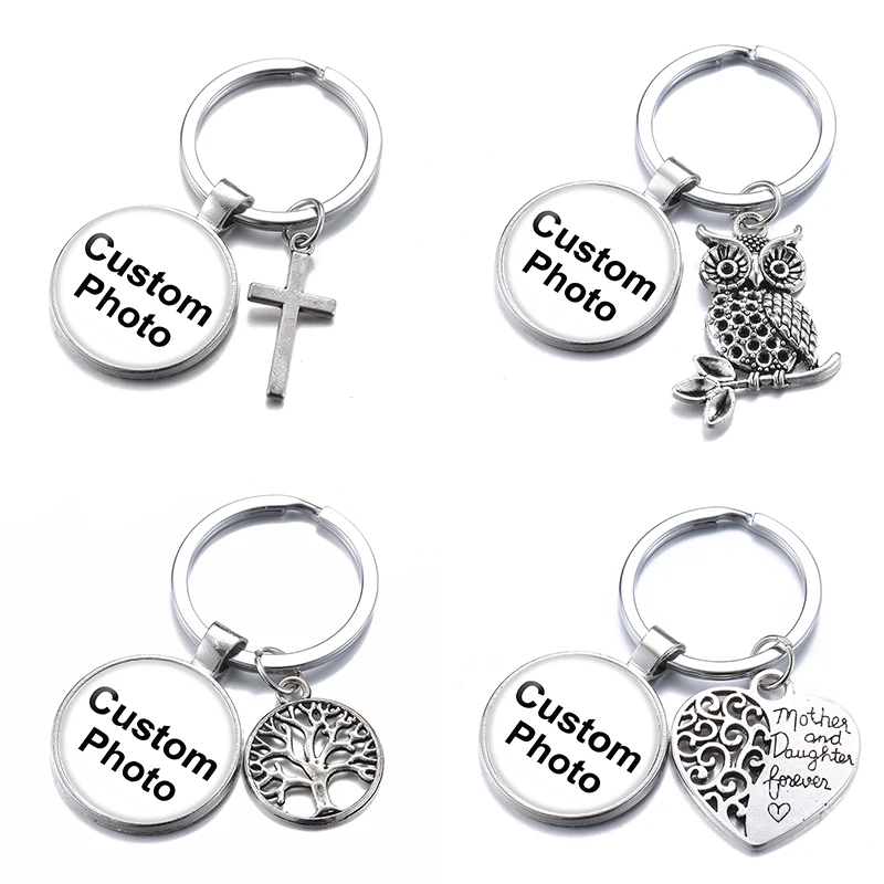 Personalized Custom Keychain Photo Family LOGO Baby symbol pictures Life tree Owl Hearts Cross Moon Music Hollow charms Gift