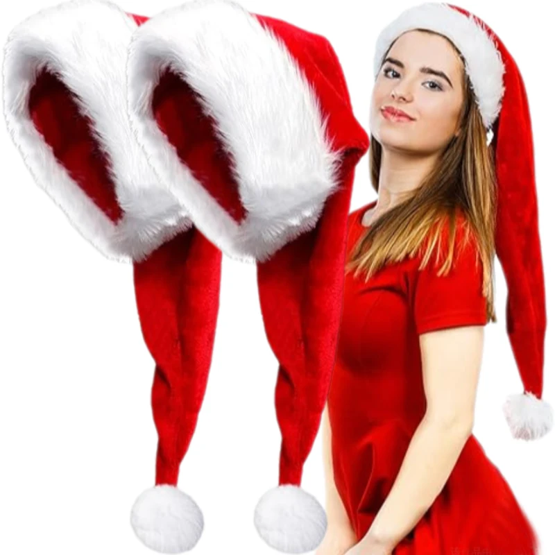 Merry Christmas Hats Thickened Long Plush Santa Claus Red Xmas Hats For Adult Kids Christmas New Year Party Decorations Gifts