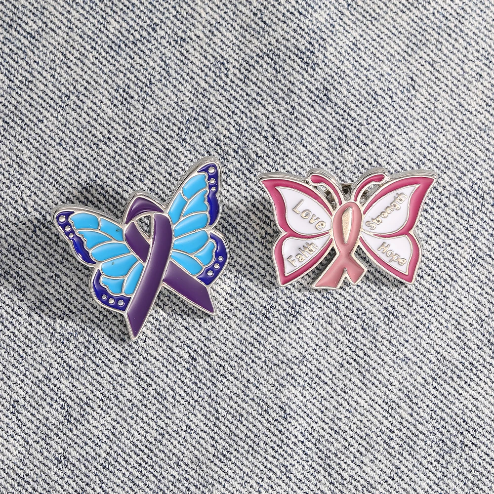 Elegant Pink Purple Ribbon And Butterfly Design Enamel Pins Letter Love Strength Faith Hope Pattern Brooches