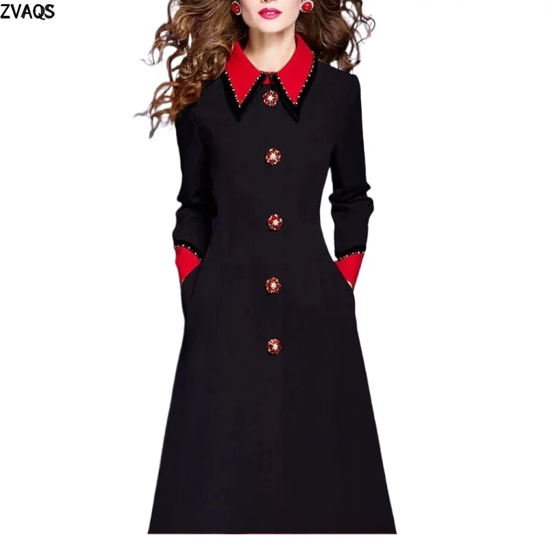 ZVAQS Dresses for Women Spring Thickened Black Shirt Dress Women High End Long Sleeve Beaded Slim Work Dress Женская Одежда