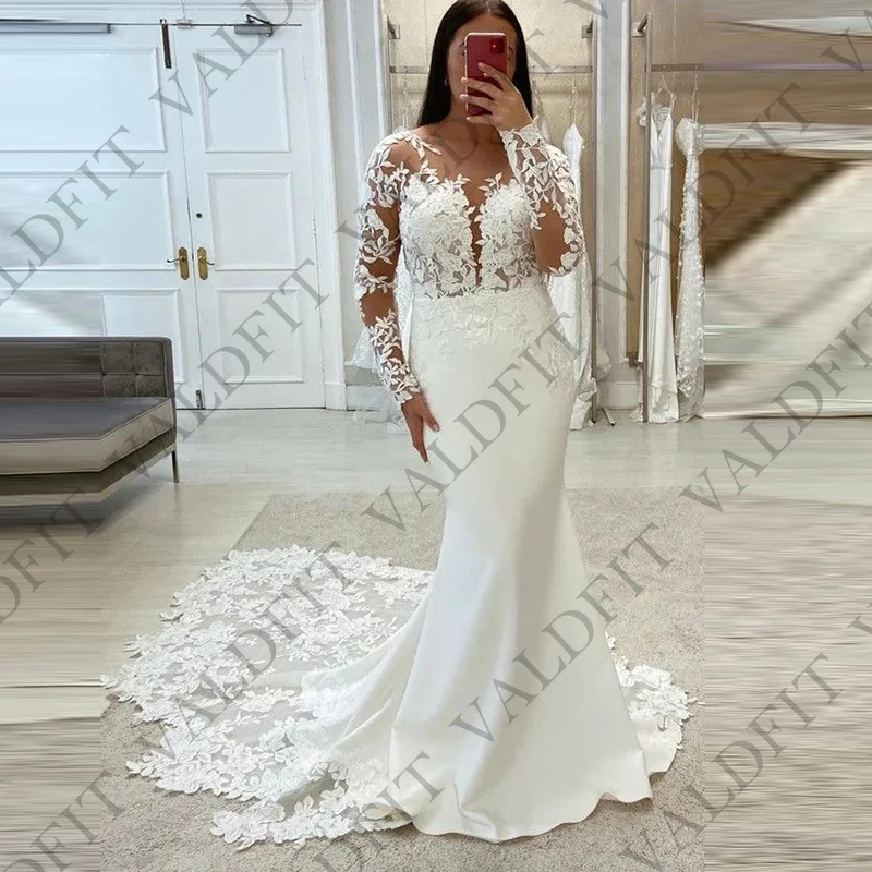 

Customized Long Sleeves Sheer Mermaid Boho White Satin Wedding Dresses Bridal Gown V Neckline Vestidos De Novia Boda