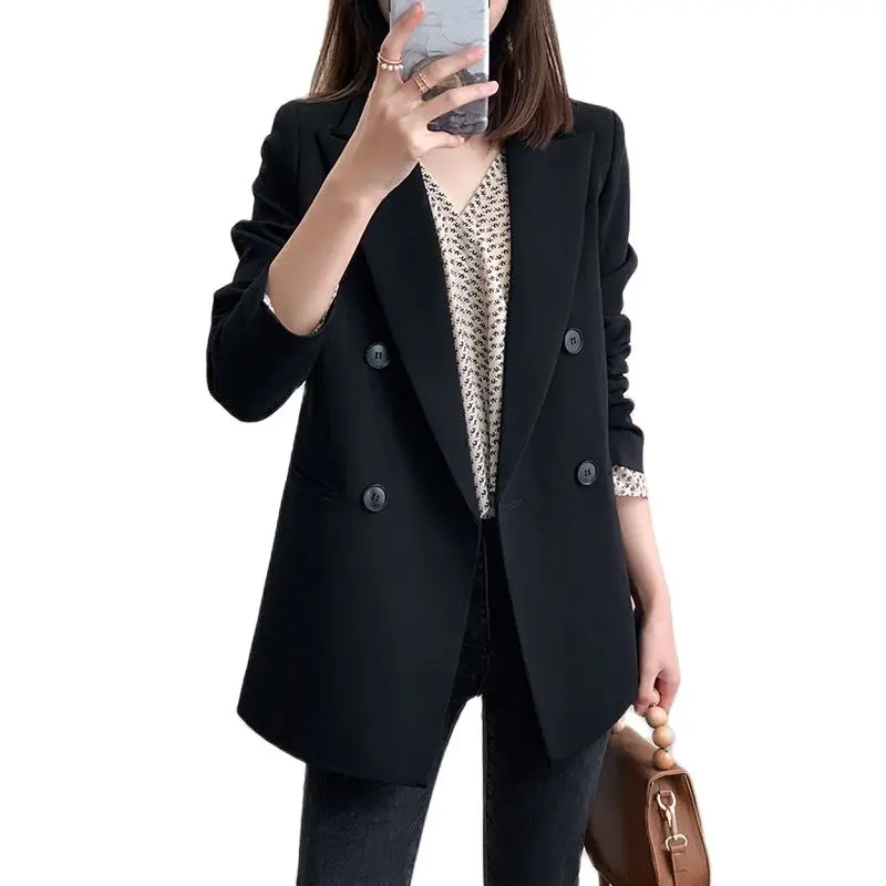 Women Blazers Autumn Winter Korean Wild Black Suit Coat British Style Double Breasted Office Lady Blazer Jacket Female Tops