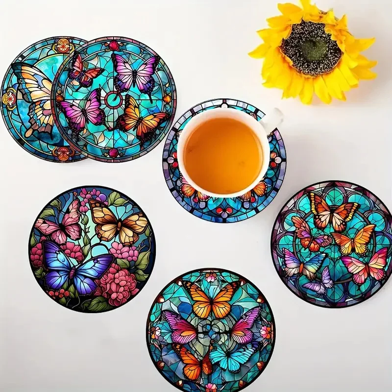 6-piece butterfly art coaster Set-5d DIY, non-slip heat resistant, perfect for home decoration and gifts