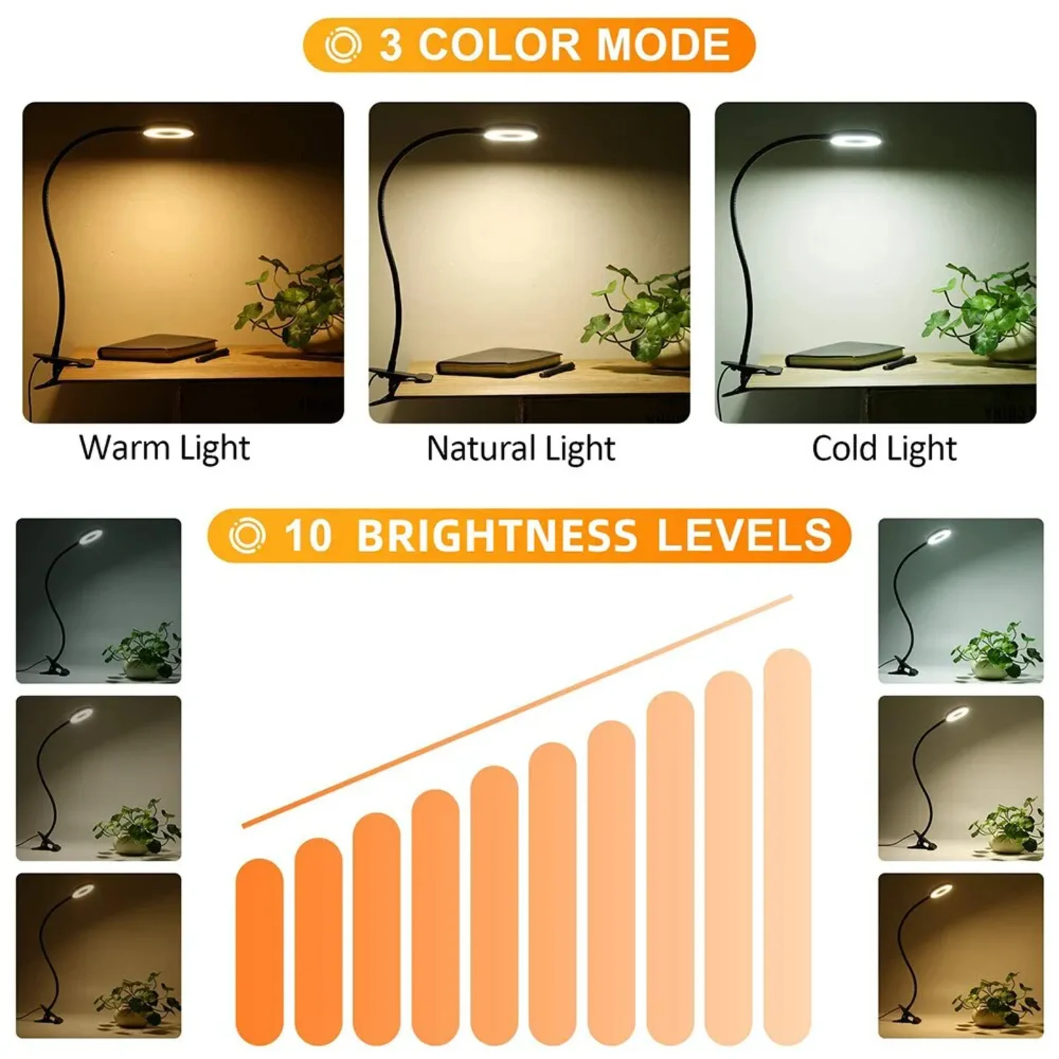 48 LEDs Desk Lamp USB Rechargeable Clip Book Light Flexible Eye Protection Reading Light 3 Level Brightness Adjustable