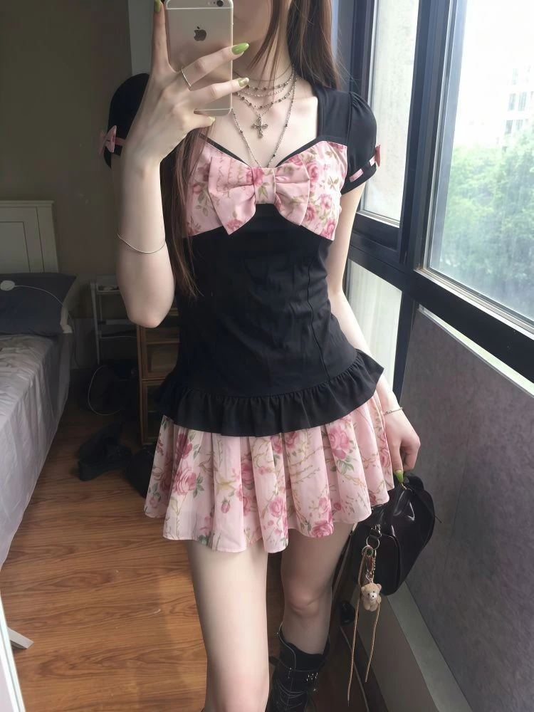 Vintage  Knot Waist Cinching Short Sleeve Women's Top And Floral Skirt Set Summer 2026 New Style Retro Fashion Set