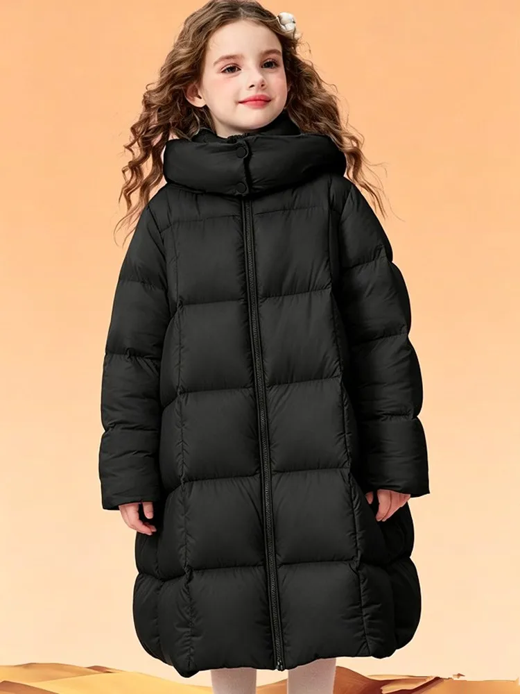 Wintermantel für Mädchen, lang, mit Kapuze, aus 90 % weißen Entendaunen, wasserdichtes, winddichtes und schmutzabweisendes Material, warme Daunenjacke für kaltes Wetter, für Kinder von 4 bis 14 Jahren. – Detail 6