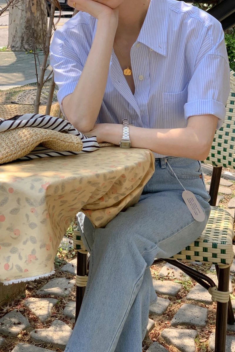 

Women's Casual Stripe irt ort Sve Turn-down Collar Loose Fit Summer 2023 New Sle Single Button Ele Top