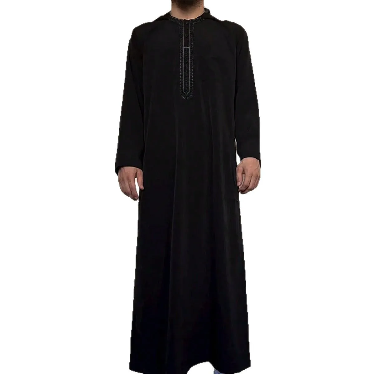 Hooded Solid Men Jubba Thobe มุสลิมแฟชั่น Abaya ดูไบยาว Robe เจียมเนื้อเจียมตัวชุดหลวมเย็บปักถักร้อย 2025 ฤดูใบไม้ผลิ Spliced สบายๆ