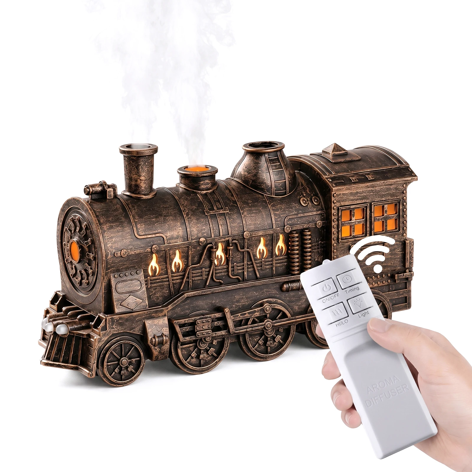 Vintage Steam Train Aroma Humidifier 300ml Dual LED Lights Continuous Intermittent Spray 2H/8H Timer Auto Off