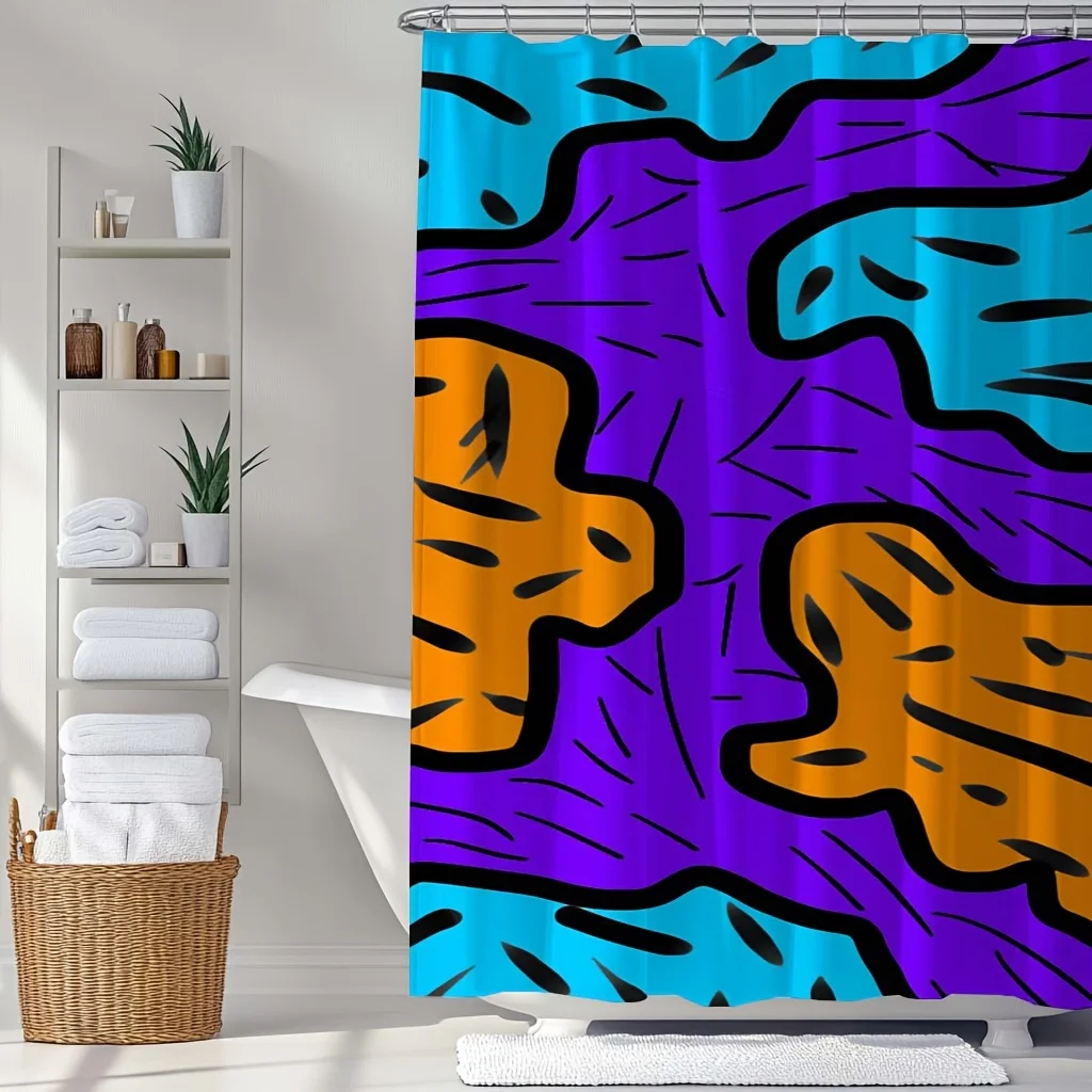 

1pc Abstract Graffiti Art Print Shower Curtain Set - Washable Polyester with Hooks, Vibrant Orange, Purple & Blue Design