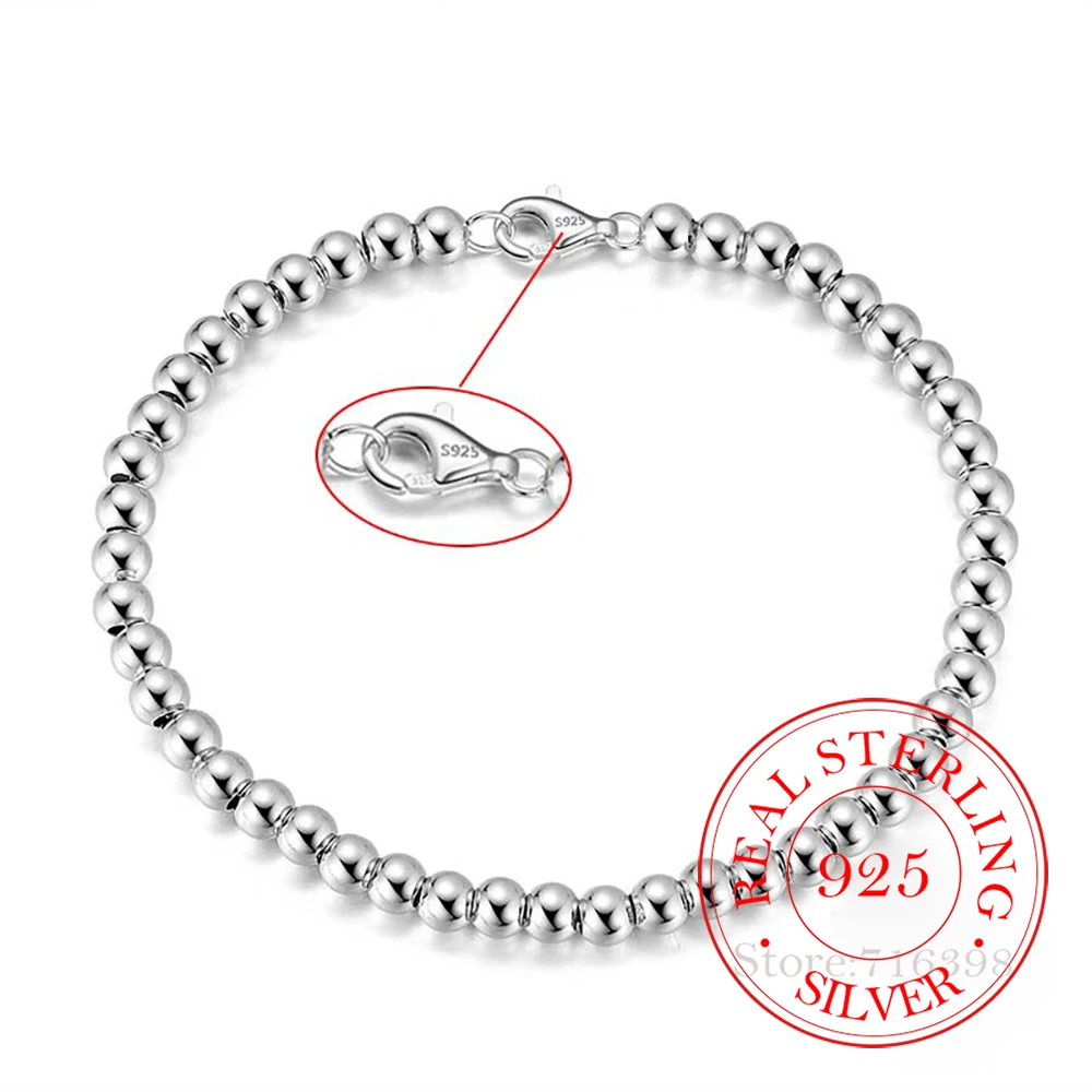 

Браслет-цепочка из серебра 925 пробы с полыми бусинами, 4 мм