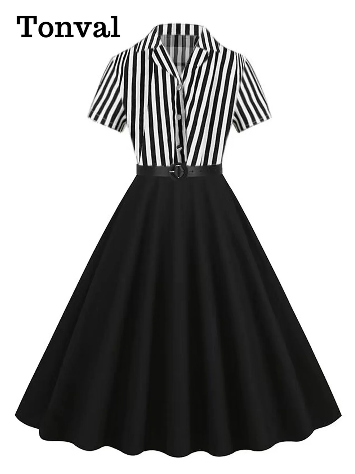 

Tonval Striped Print and Black Patchwork Women Vintage Long Dresses Notched Collar Belted 1950s Party Elegant Swing Dress