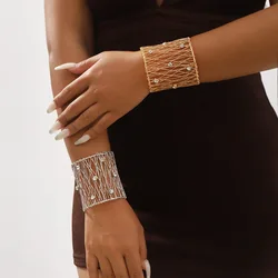 European American Personality Design Mesh Wire Braided Bangles Exaggerated Inlaid Rhinestone Cuff Bracelet Punk Style Jewelry