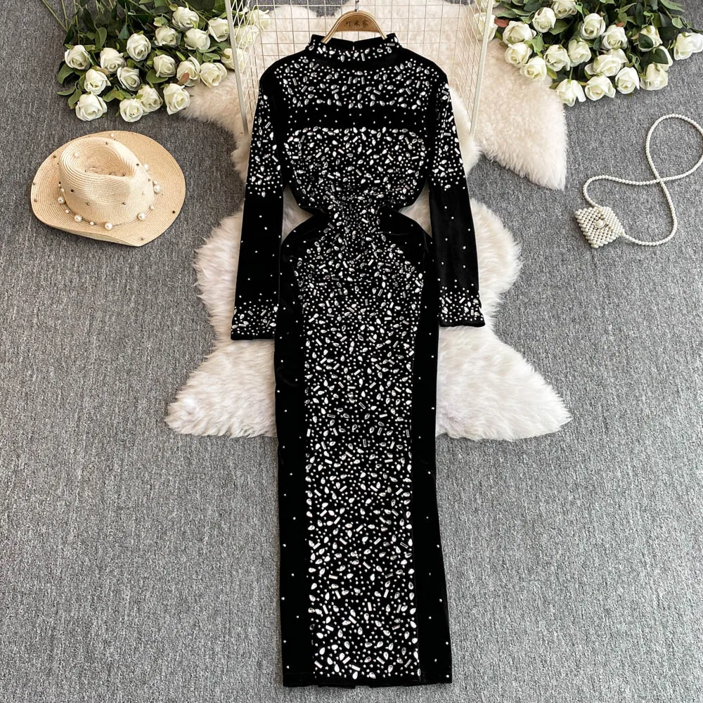 Sexy Bodycon Long Sleeve O Neck Glitter Sequin Rhinestone Velvet Dress Chic Elegant Vestidos Vintage Autumn Women Fashion Dress