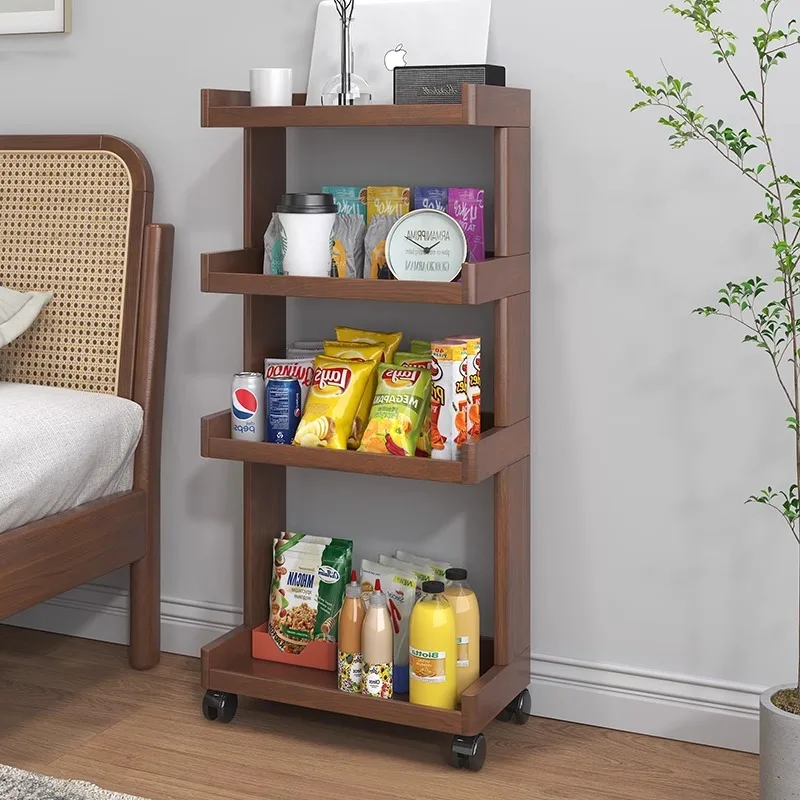 All solid wood movable bookshelf with wheel shelf floor-to-ceiling small living room multi-layer storage rack flower stand flowe