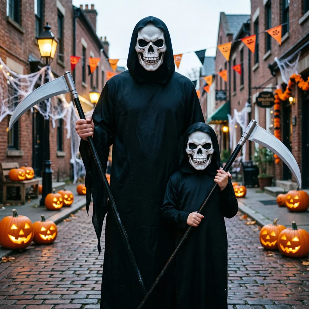 Grim Reaper Kostüm Schwarzer Kapuzenumhang Sensenmesser Totenkopfmaske Handschuhe für Halloween-Party Cosplay Performance Set Todes-Sensenmesser-Set