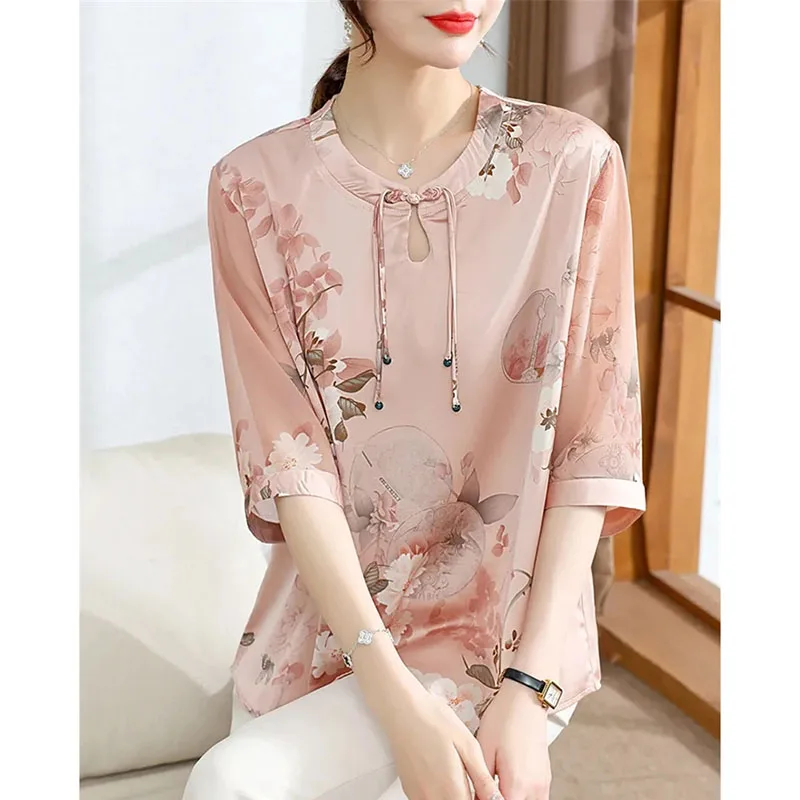 

Spring Summer Clothing Mom Chiffon Middle Sleeve Pant Set Middle Aged Elderly People Fragmented Five Marks Sleeves Two Piece Set