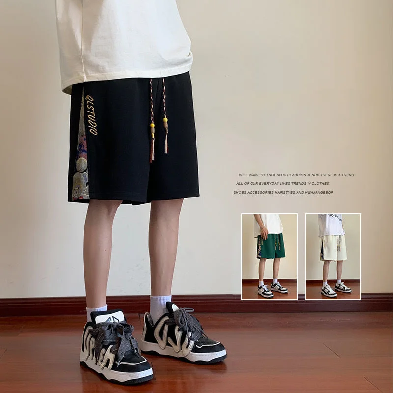 Summer High-end Pockets Chinoiserie Shorts Men's Popular 2023 New Pants Trend Casual Loose Waist Drawstring Cropped Short