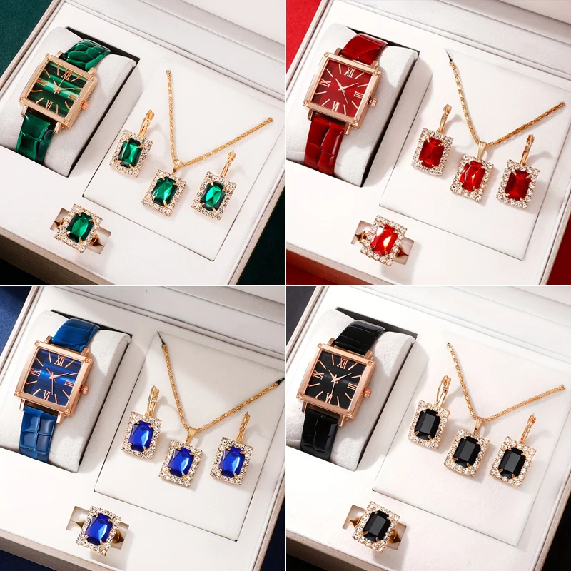 

5 шт./компл. женские роскошные кварцевые часы с римским цифровым циферблатом, женские модные деловые часы, мужские часы с зеленым браслетом для отдыха