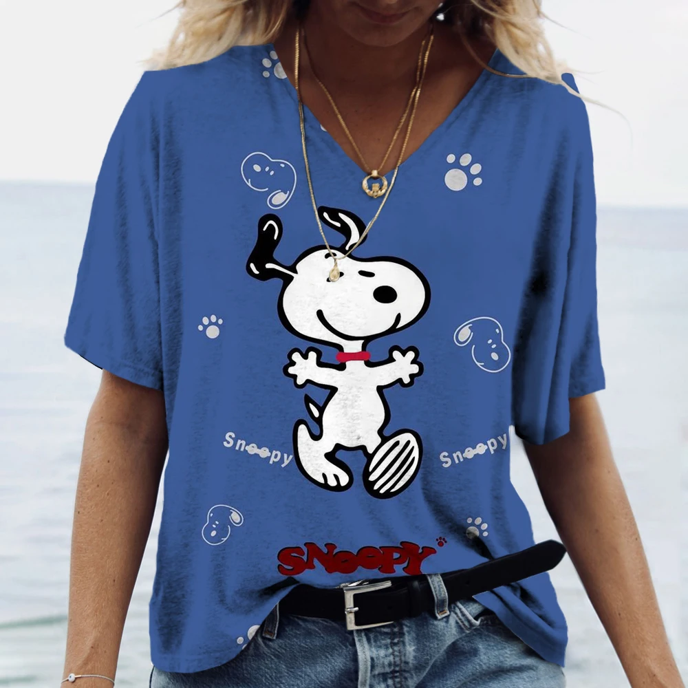 Women\'s V-neck T-Shirt Fashion Funny Snoopy cartoon print T-Shirt Women\'s Leisure Short Sleeve T-Shirt 2024 Summer T-Shirt