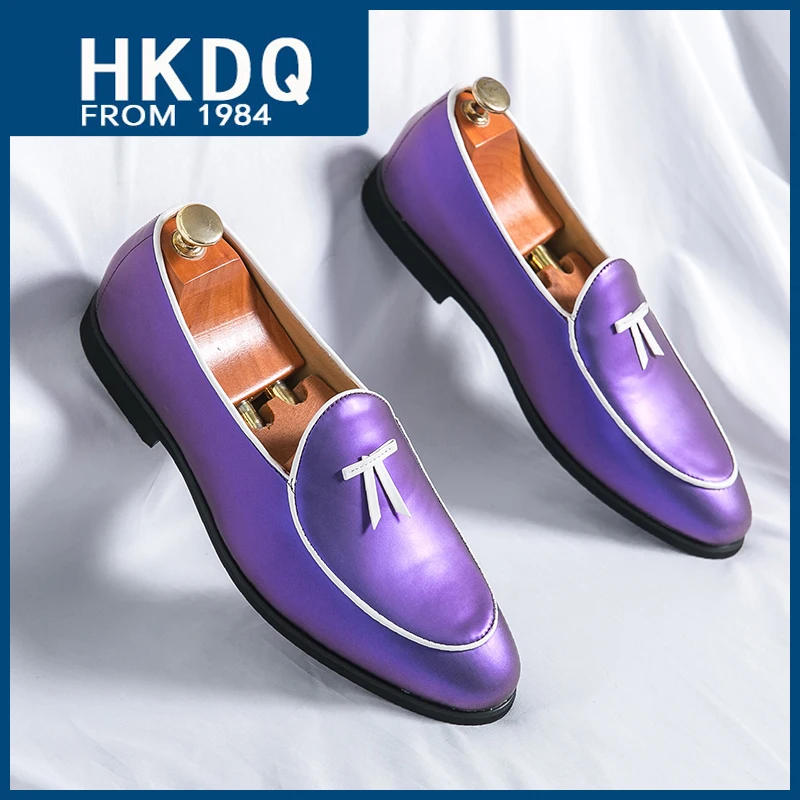 

HKDQ Fashion Purple Men's Dress Shoes Trendy Slip-on Social Elegant Evening Shoes Man Lightweight Leather Loafers Shoes For Men