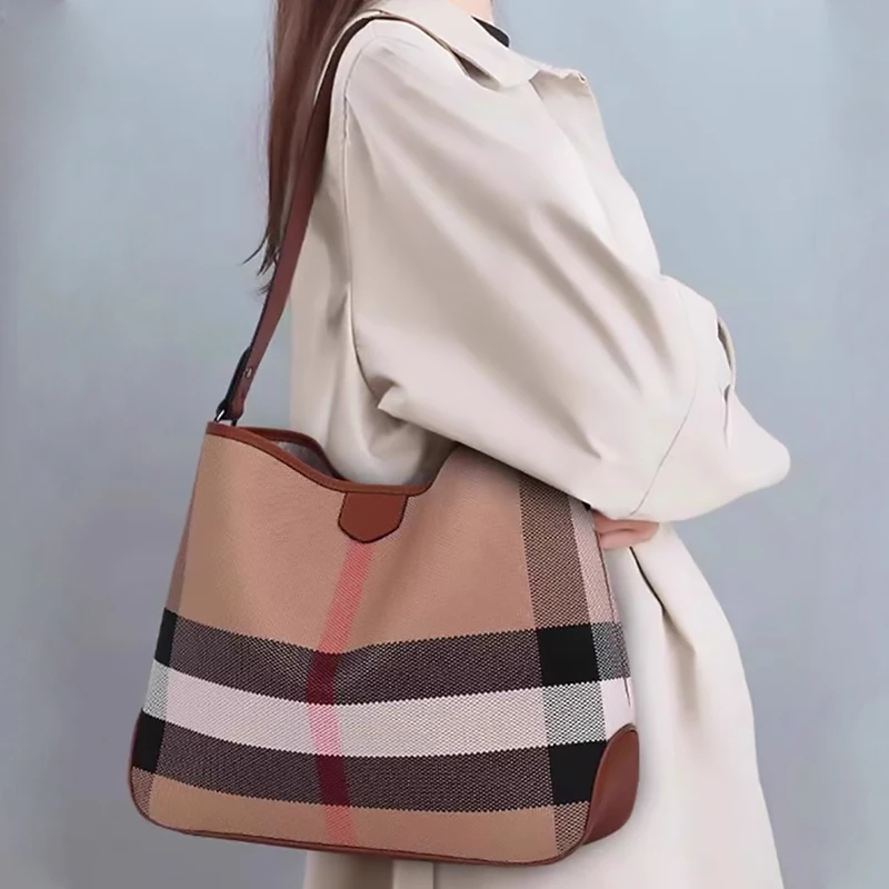 

Luxury Fashion Plaid Canvas Women's Shoulder Handbags Classic Versatile Large Capacity Cowhide Single Shoulder Crossbody Bag