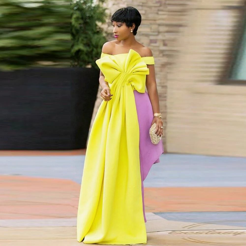 

Sexy Off The Shoulder Satin Top Ruched Floor Length Yellow Top Evening Gowns Women Formal Wear Robe De Soiree No Skirt