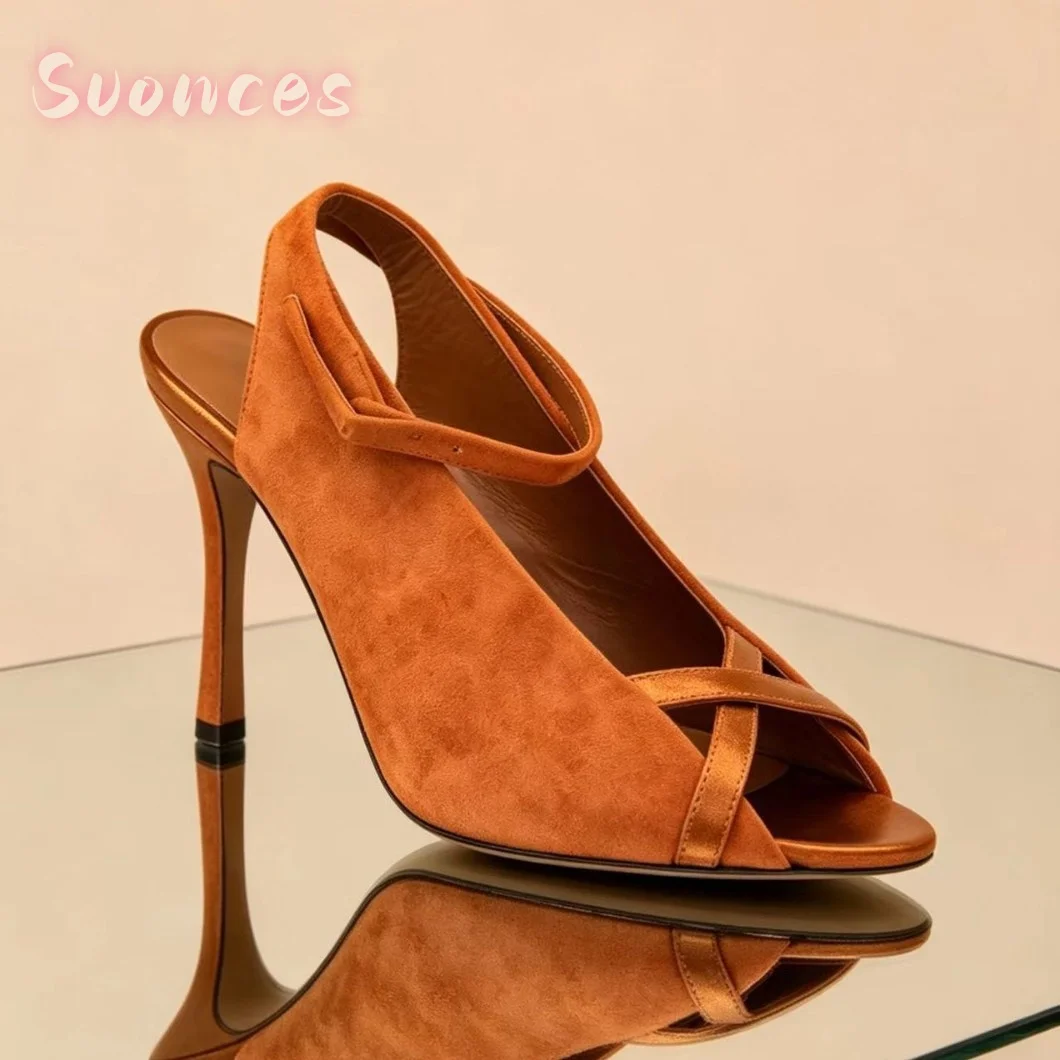 Women Slingback High Heel Sandals Suede Upper Peep Toe Crisscross Strap Metal Buckle Thin Heel Elegant Party Wedding Shoes