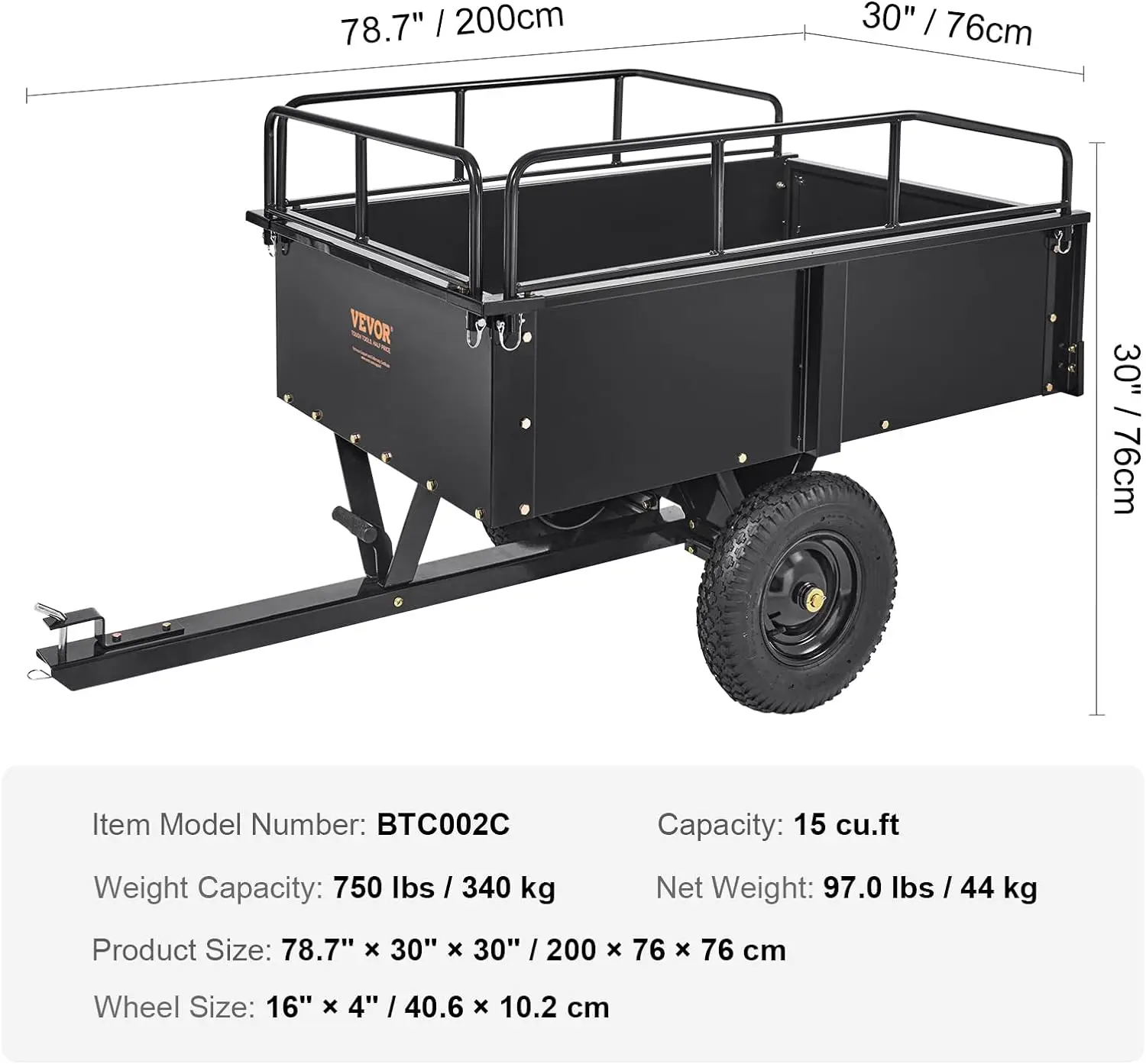 Robuster ATV-Anhänger aus Stahl, Muldenkipper, Garten-Utility-Anhänger mit abnehmbaren Seiten für den Aufsitz von Rasenmäher-Traktoren