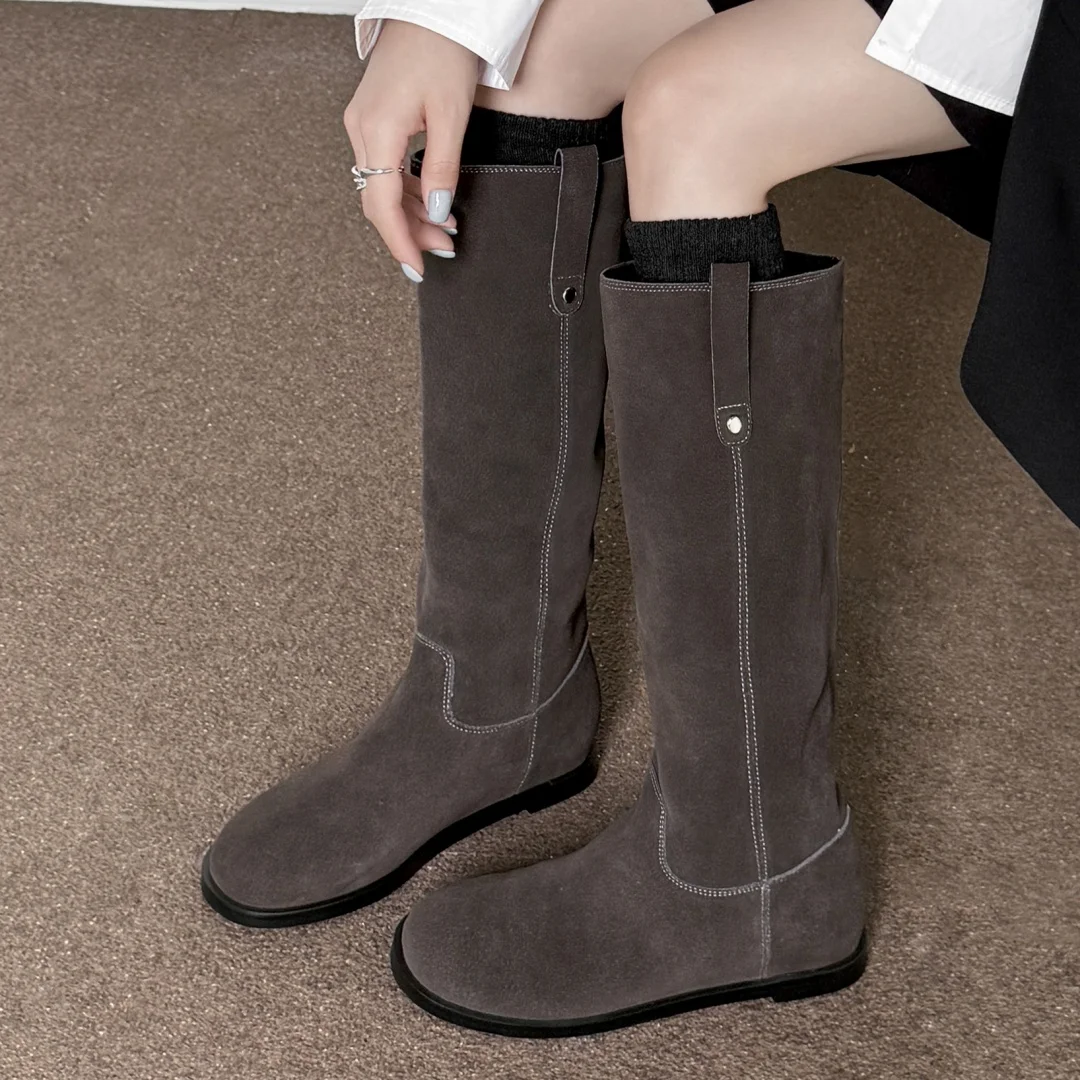 Danxuefei المرأة جلد الغزال الطبيعي جولة تو الانزلاق على الخريف حذاء برقبة للركبة جودة عالية لينة مريحة أحذية طويلة غير رسمية