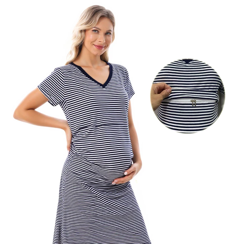

Летнее платье для беременных больших размеров, свободное платье для кормления грудью, полосатое платье с v-образным вырезом и короткими рукавами для кормящих женщин для беременных