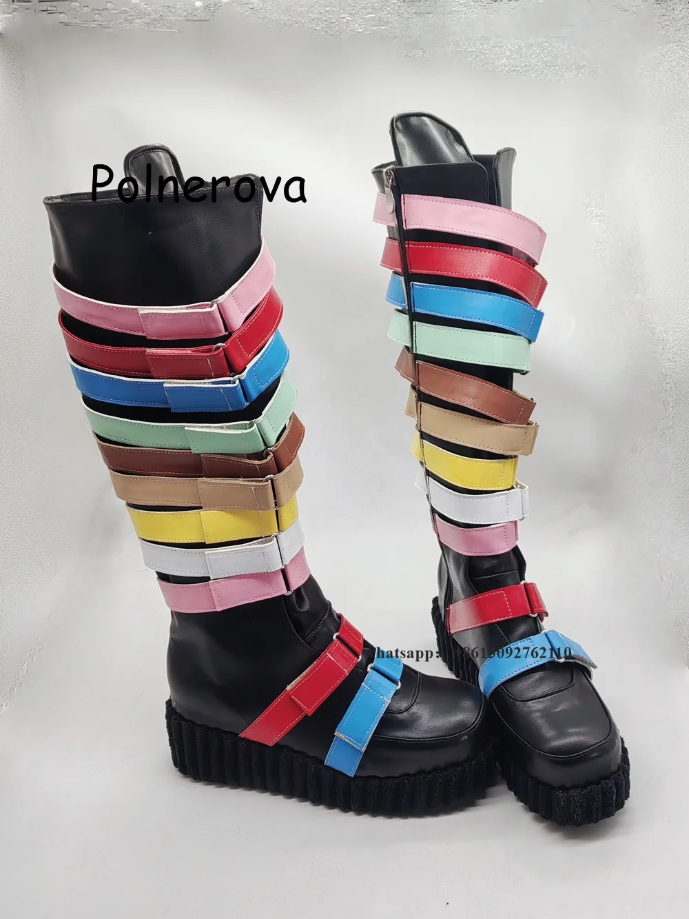 Rainbow Knee High Boots Thick Sole Global Buckle Women's Shoes Winter Party Mixed Colors Side Zipper Punk Height Increasing Shoe