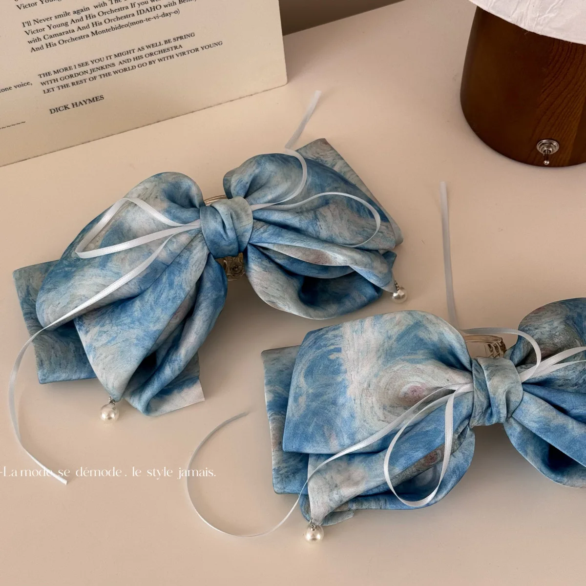 

Large Hair Bow Blue Scrunchies For Hair Satin Silk Girls Glossy Elastic Hairties Floral Oil Painting Hair Accessories for Women