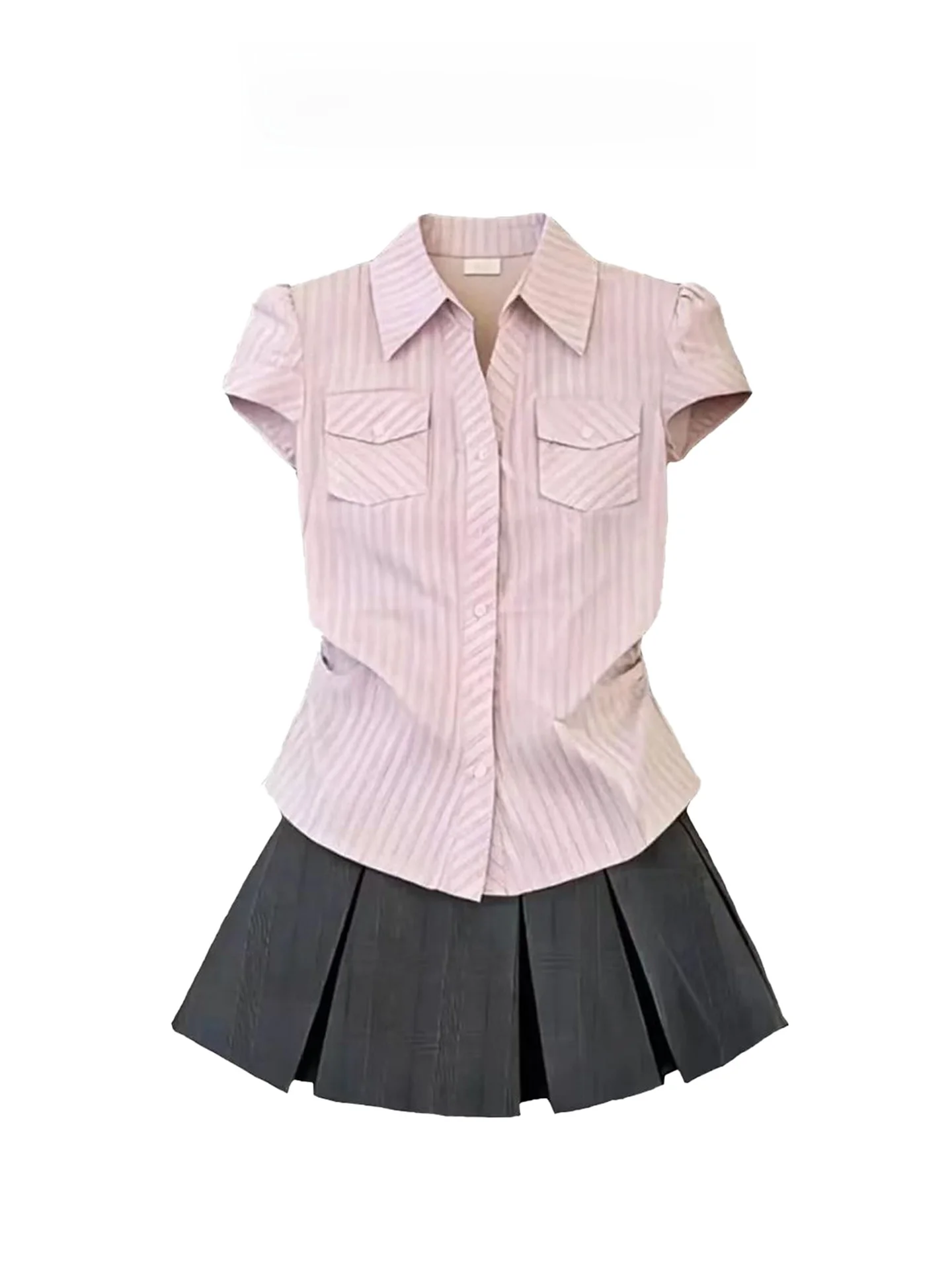 

American Style Spicy Girl Pink Striped Short Sleeve Shirt Women Summer Design Waist Cinched Shoulder Appropriate Pleated Skir...