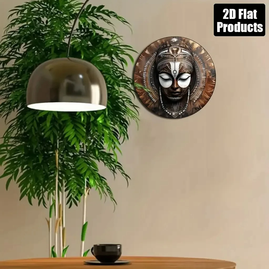 2D Flat, African Mask Wall Art - 20.32X 20.32cm Round Aluminum Metal Tribal Beaded Mask, Decorated with Coins and Cultural Patterns - H view 5