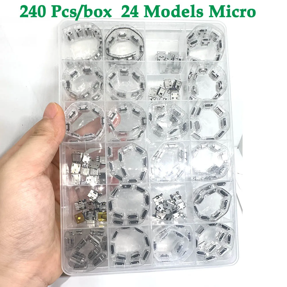 240 Pcs/Box 24 Models Micro USB Box MINI Android Mobile Phone Charging Accessories Connector Socket Jack MP3/4/5