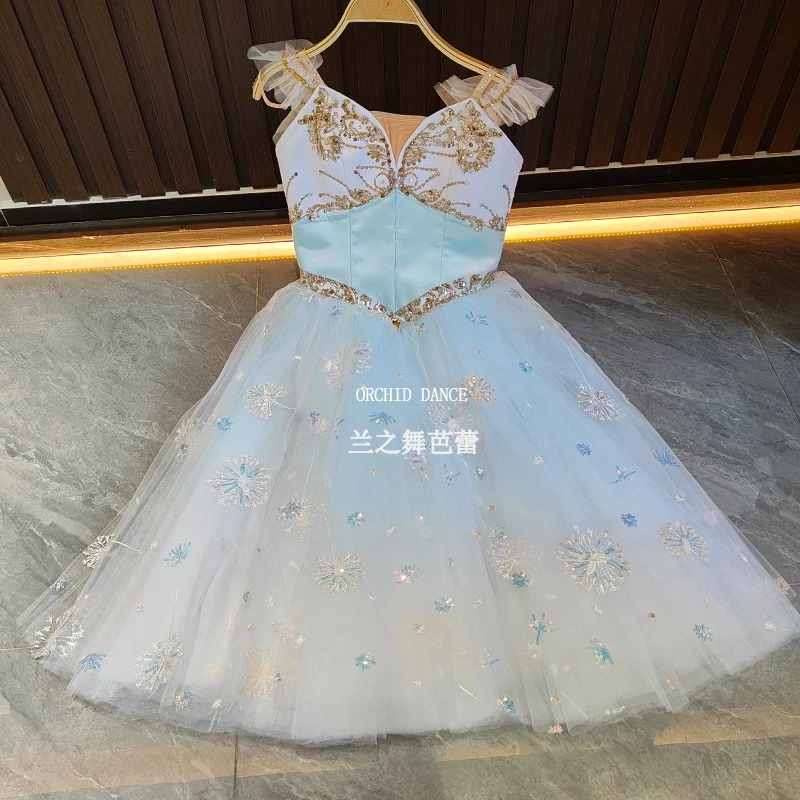 BT250622 Professionelle Hohe Qualität Benutzerdefinierte Größe Kinder Mädchen Frauen Erwachsene Ballett Tanz Performance Tragen Blau Lange Chiffon Kleid