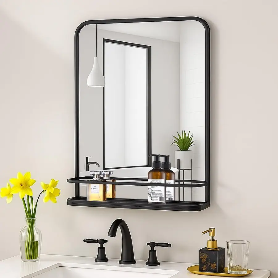 

Черное зеркало для ванной комнаты с полкой, зеркало для ванной с металлической рамой и закругленными углами, 26,8 x 21,3, идеально подходит для гостиной.