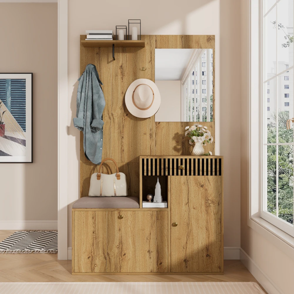 PINGGO Kompaktes Garderoben-Set mit Spiegel und Kissen, Flur-Wandregal, Garderobenpaneele, Schuhschrank für Flur-Aufbewahrung – Detail 6