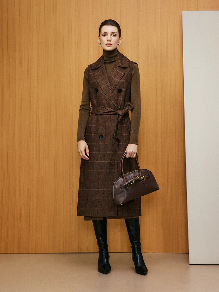 

Ele High-Spin Wool Vest Belted Long Coat Vintage Briti Plaid Design by Ningxia jian for Lady's Spring Autumn Winter