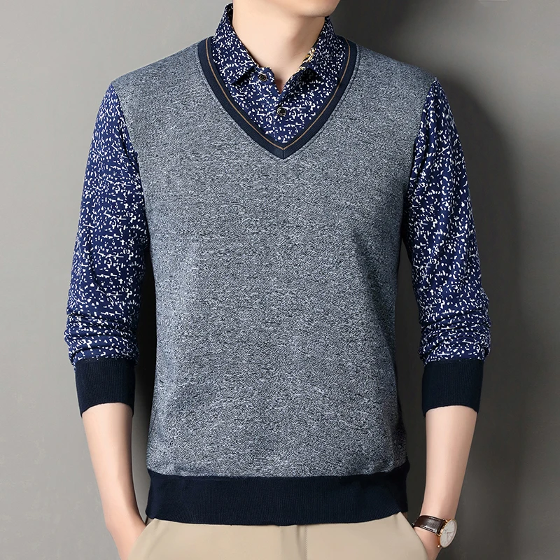 2025 الخريف الرجال الصوف معطف شتاء الرجال وهمية قطعتين بلوفر قطيفة قميص طوق سميكة محبوك سترة الذكور لاعبا غير رسمية