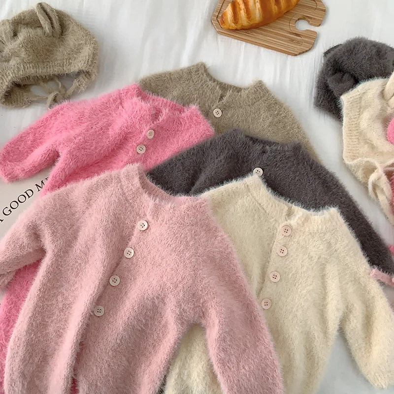 2024 Winter Nieuw in Kinderen Baby Meisjes Jongens Effen Kleur Nertsen Bont Outfits, peuter Baby Voetbindende Jumpsuits Pasgeboren Romper + Hoed