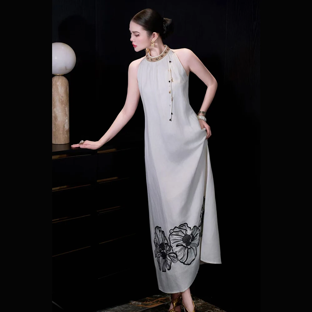 

Meyyithun Women's Dress Spring/Summer 2026 New Chinese-style Linen Embroidered Beaded Sleeveless Dress Lady Dress