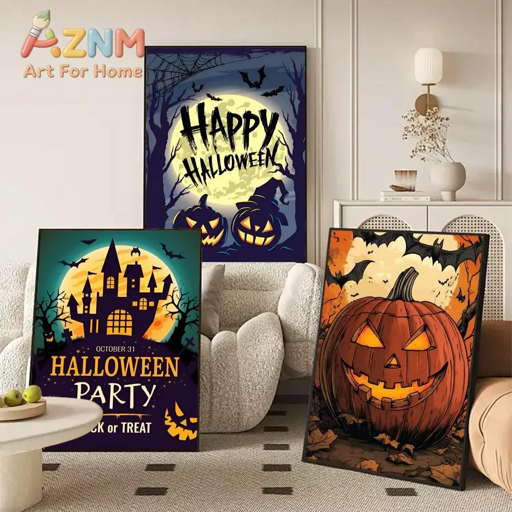 Halloween Pumpkin Painting Calligraphy Anti-wrinkle Canvas Poster Wall Mural Art Photos for Room Home Spaces Decor