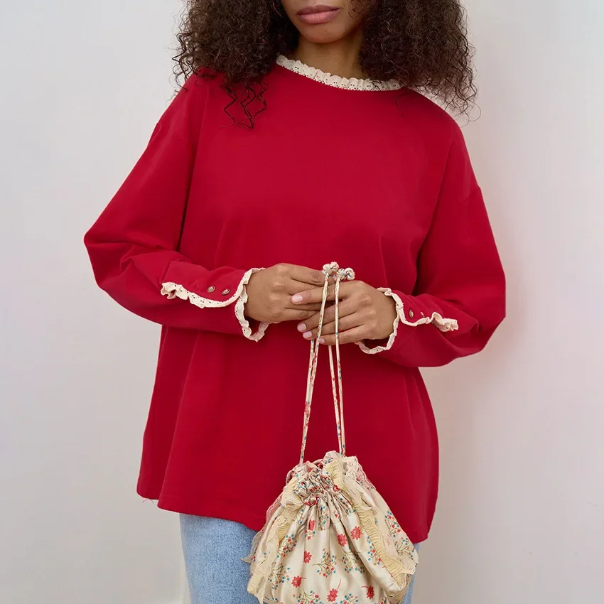 بلوزات نسائية غير رسمية بأكمام طويلة باللون الأحمر مع قلنسوة للخريف والشتاء بلوزات كبيرة الحجم من الدانتيل بلوفر نسائي ملابس يومية #1
