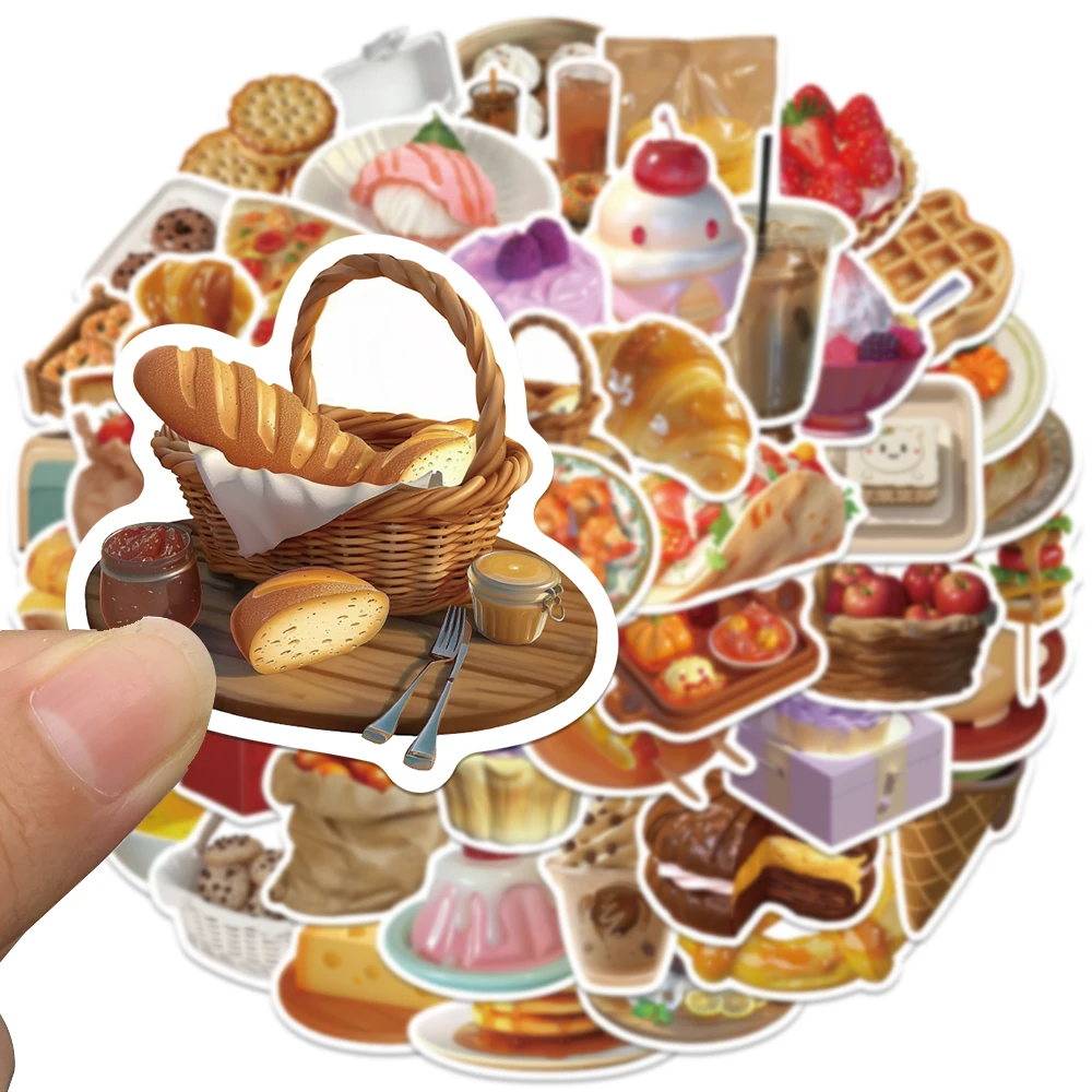 50pcs Vinyl Laptop Decals Ins Style Funny Food Stickers Dessert Bread Coffee Sticker For Luggage Guitar Phone Vinyl Decals