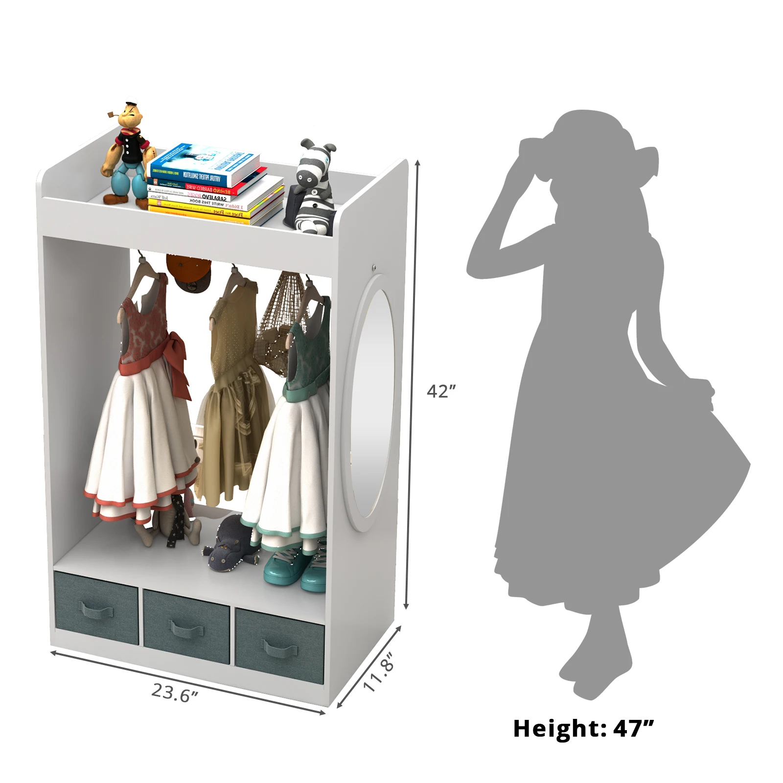 Kids Costume Organizer、 Costume Rack、Kids Armoire、Open Hanging Armoire Closet with Mirror-WHITE